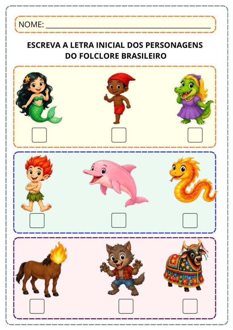 Atividade Letra Inicial Folclore para alfabetização página 1